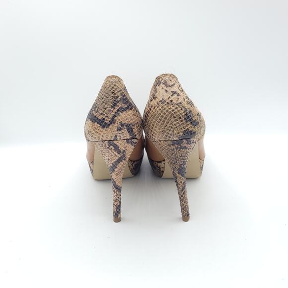 Guess Peep Toe Stiletto 4.5" Heel Snakeskin Tan Gold Buckle women's size 7 - Picture 6 of 9